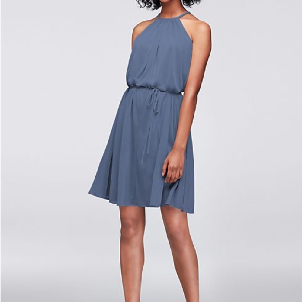 David’s Bridal Soft Mesh Halter Mini Bridesmaid Dress Size 4 Steel Blue